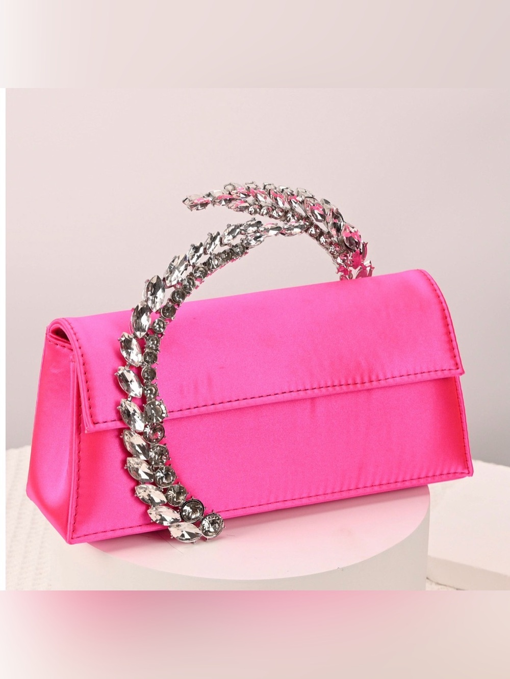 Cityclassified Hot Pink Satin Clutch with Crystal-Embellished Handle - Picture 3 of 11